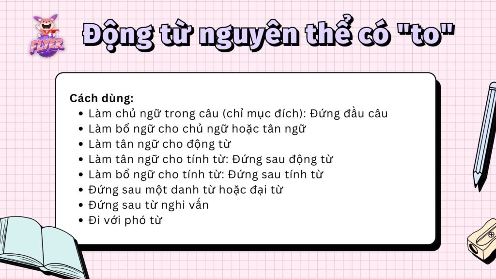 Các chức năng và vị trí của động từ nguyên thể không có "to"